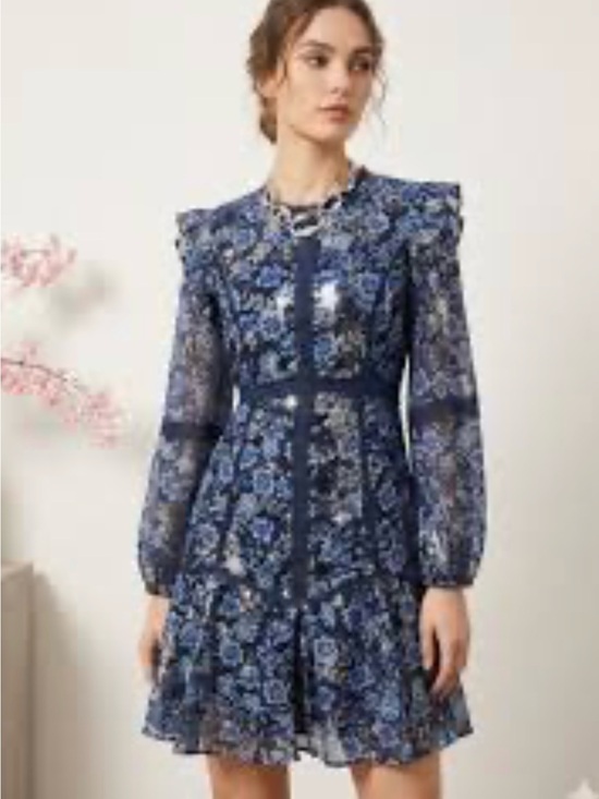 Eliza J Dresses & Skirts - NWT Eliza J. Navy Blue & Silver Floral Ruffled Long Puff Sleeve Dress